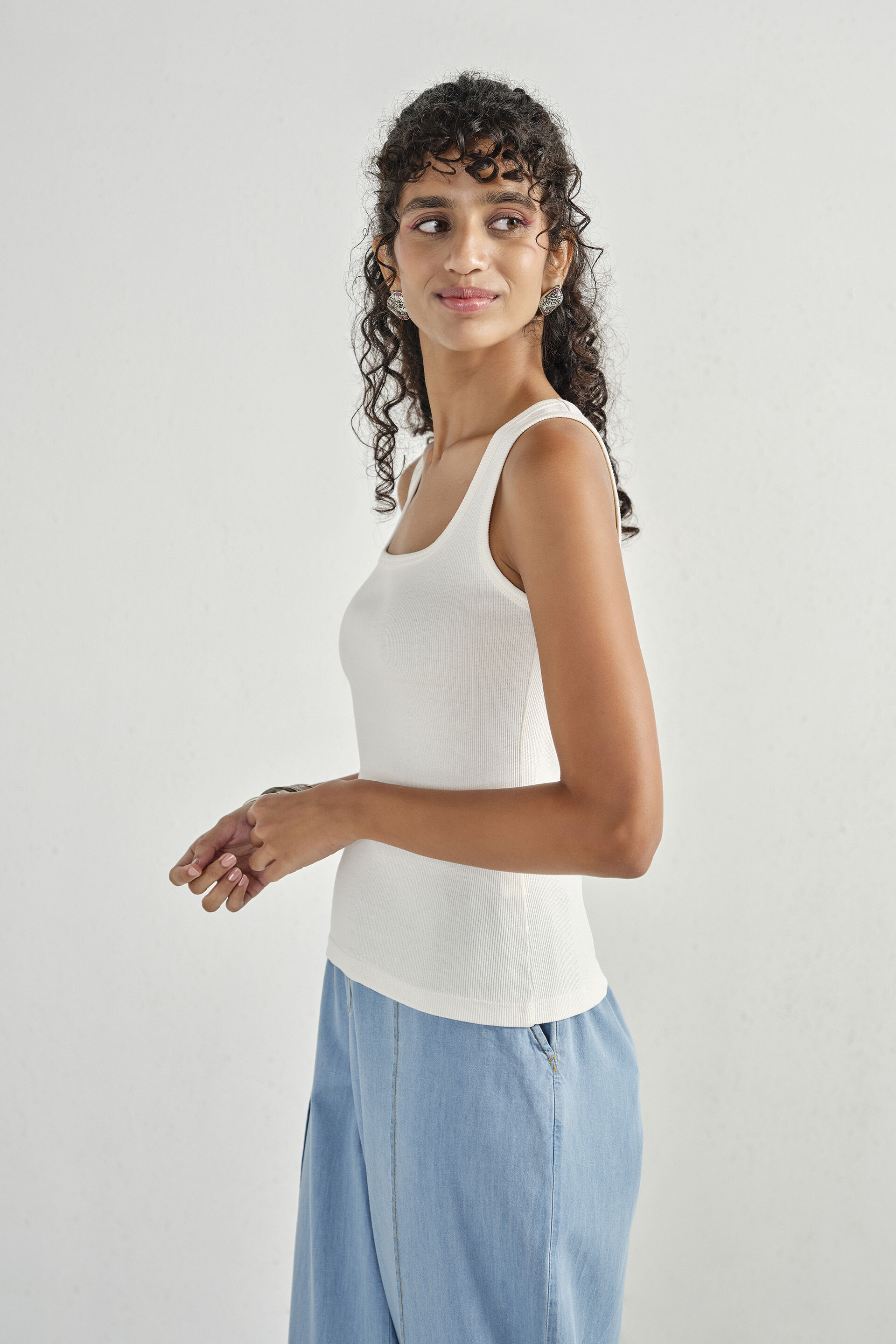 White Ribbed Sleeveless Top, White, image 2